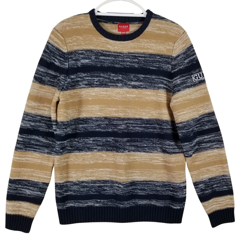 GUESS Los Angeles Mens Large Striped Crewneck Sweater Navy Blue Tan Knit‎ L